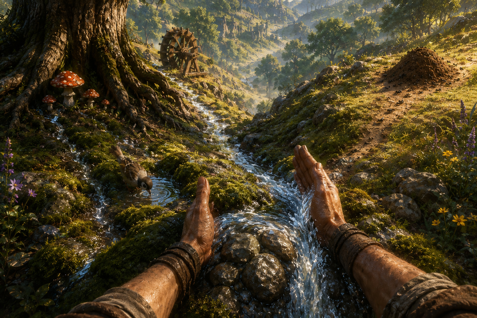 Hilltop view down a sunlit forested slope: a man's tanned forearms reach forward from the bottom of the frame, his two hands cupped against a small spring emerging from water-worn stones; the redirected stream runs forward down the valley toward a small wooden water paddle wheel visible in the middle distance, while a thin side-rivulet feeds a family of red-and-white Amanita muscaria mushrooms at the gnarled roots of an old oak on the left and a small anthill stays dry on the slope on the right. Allegory of careful governance redirecting an AI agent's output away from harm and toward productive use, with small ecological side effects of imperfect containment.