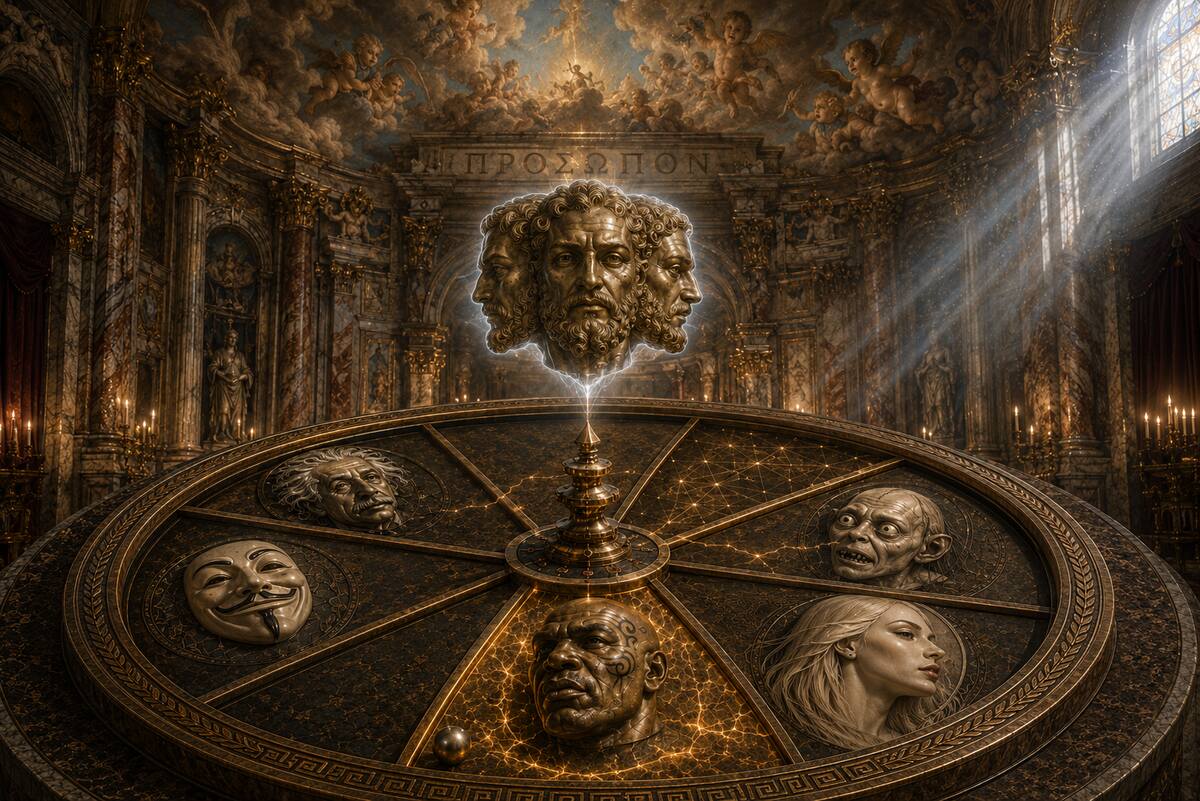 Allegorical hero for the post. A bronze wheel of personas at centre, six radial sectors: five hold mask-archetypes (a boxer, a stadium-performer, a corrupted humanoid creature with split personality, a physicist, a protest mask), one sector is empty — the nessuno position, a window onto the substrate. Above the wheel a three-faced Janus floats as the centomila substrate, the multi-perspectival icon presiding over the activation. On the cathedral vault overhead, cherubim hover among golden clouds — the cherubic-child reading of nessuno as wholeness-before-masks. The Greek word ΠΡΟΣΩΠΟΝ is carved into the architrave. A silver light beam descends from above, activating one mask among the many the wheel could turn up.