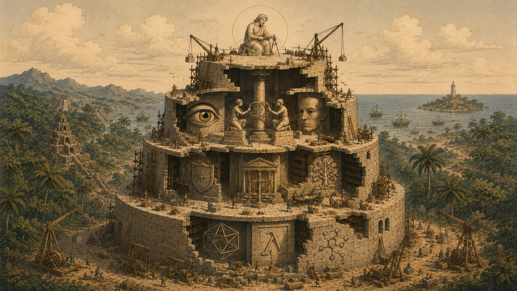 Tiered tower under construction with figures negotiating, an oversight eye, scales of justice, and scaffolding - allegory for the layered structure of AI evaluation.